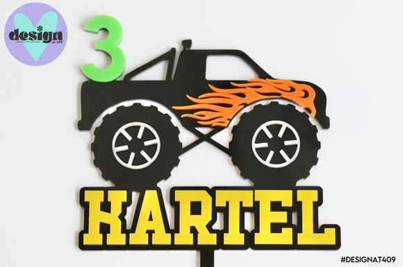 Custom Name And Age Monster Truck Layered Cake Topper