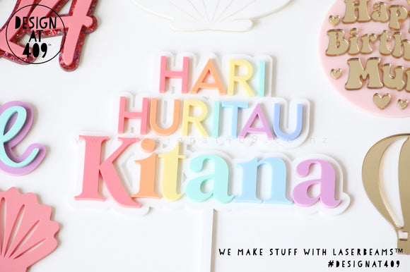 Happy Birthday or Hari Huritau Custom Name Pastels Layered Cake Topper