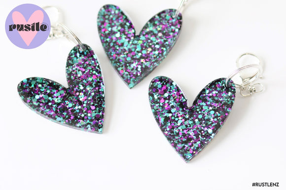 Heart Key Ring Purple Turquoise Glitter