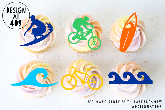 Surfing/Mountain Biking Themed Acrylic Cut Out Cupcake Topper