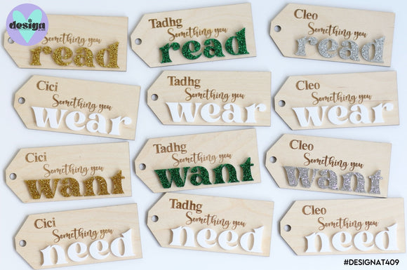Read, Wear, Want, Need Present Tags - Custom Name (Set of 4)
