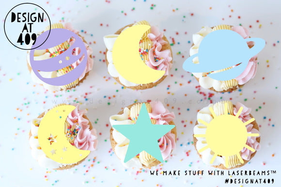 Planets / Moon / Sun Shaped Cut Out Cupcake Topper